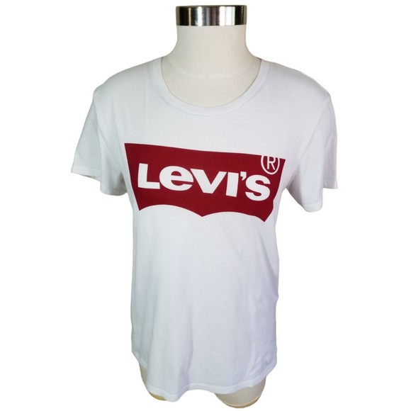 Levi's White Tee T Shirt Top Red Logo Graphic Short Sleeve Scoop Neck Sz Med - Picture 1 of 9